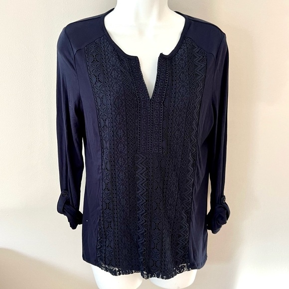 RBX indigo blue lace overlay 3/4 Length sleeve top new with tags size small - Picture 1 of 7